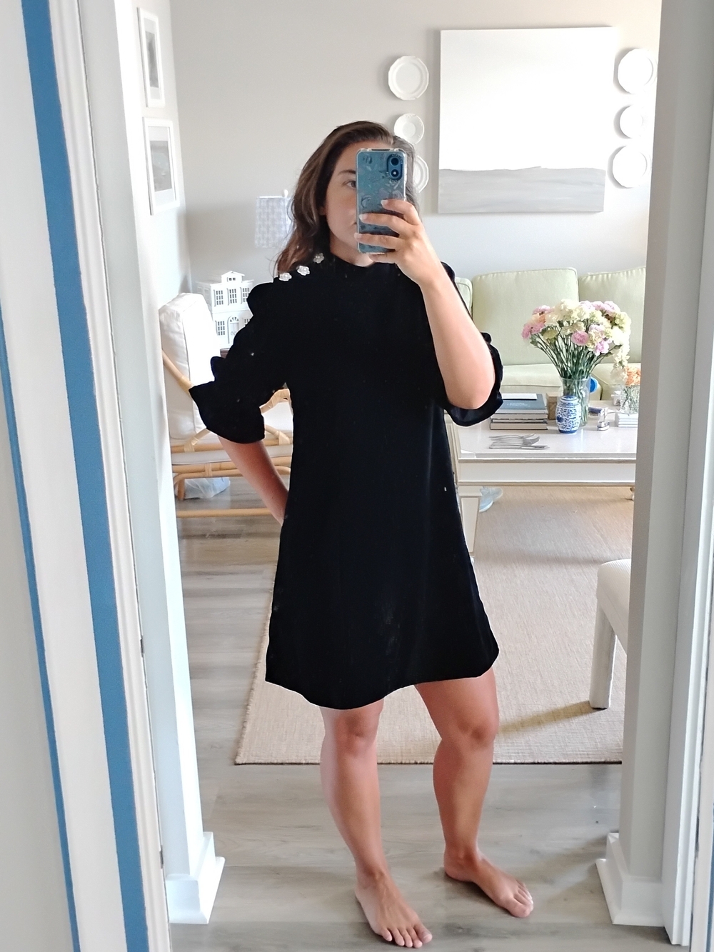 & Other Stories Black Velvet Ruffle-Detail Mini Dress With Floral Buttons